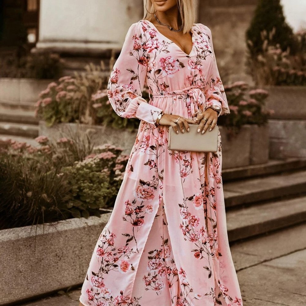 Floral Print Long Sleeved Split Thigh Maxi  Dress Pink - Picture 1 of 7